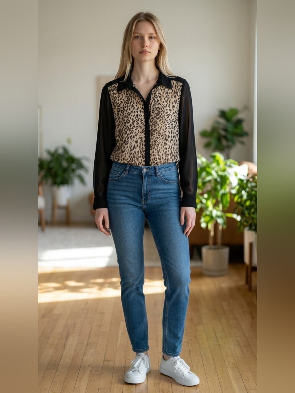 Chico's Black and Tan Long Sleeve Notched Collar Blouse